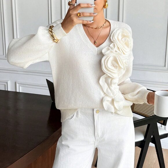 Apricot Casual Women's Elegant 3d Floral Decor Sweater - Picture 5 of 6